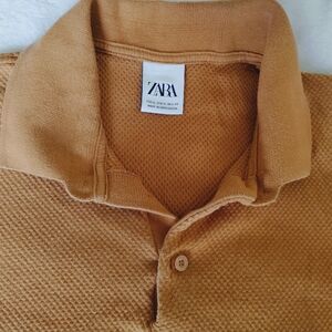 Zara Textured Knit Polo Shirt Mens XL Beige Short Sleeve Minimalist